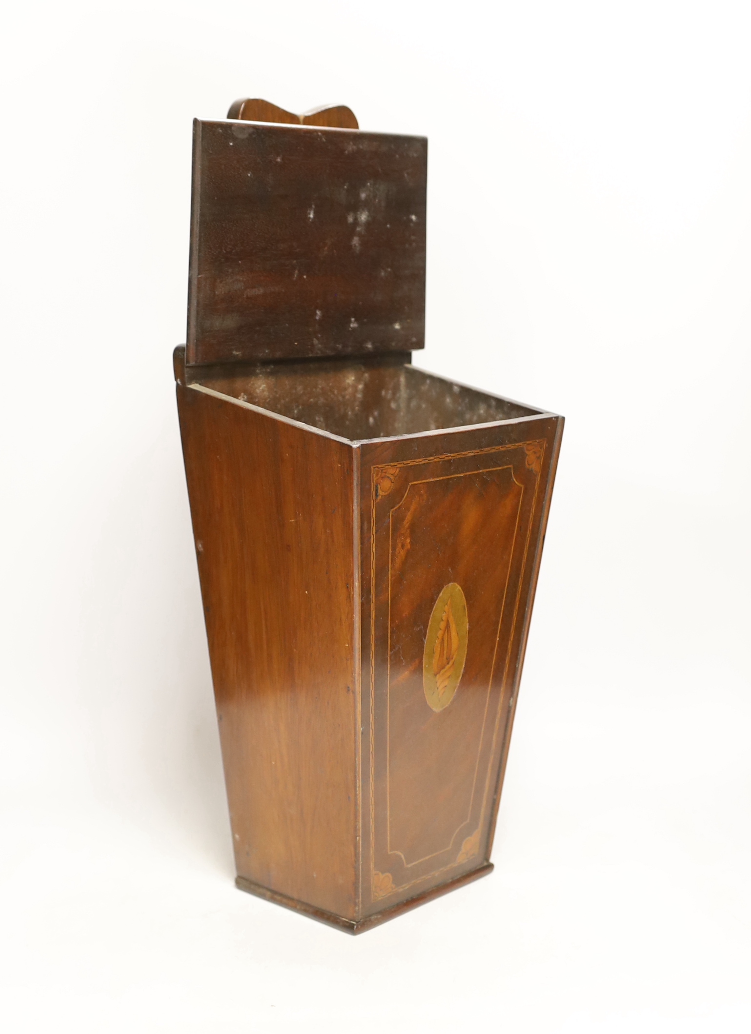 A 19th century mahogany wall hanging candle box, of tapering square form with inlaid stringing and shell decoration, 47cm